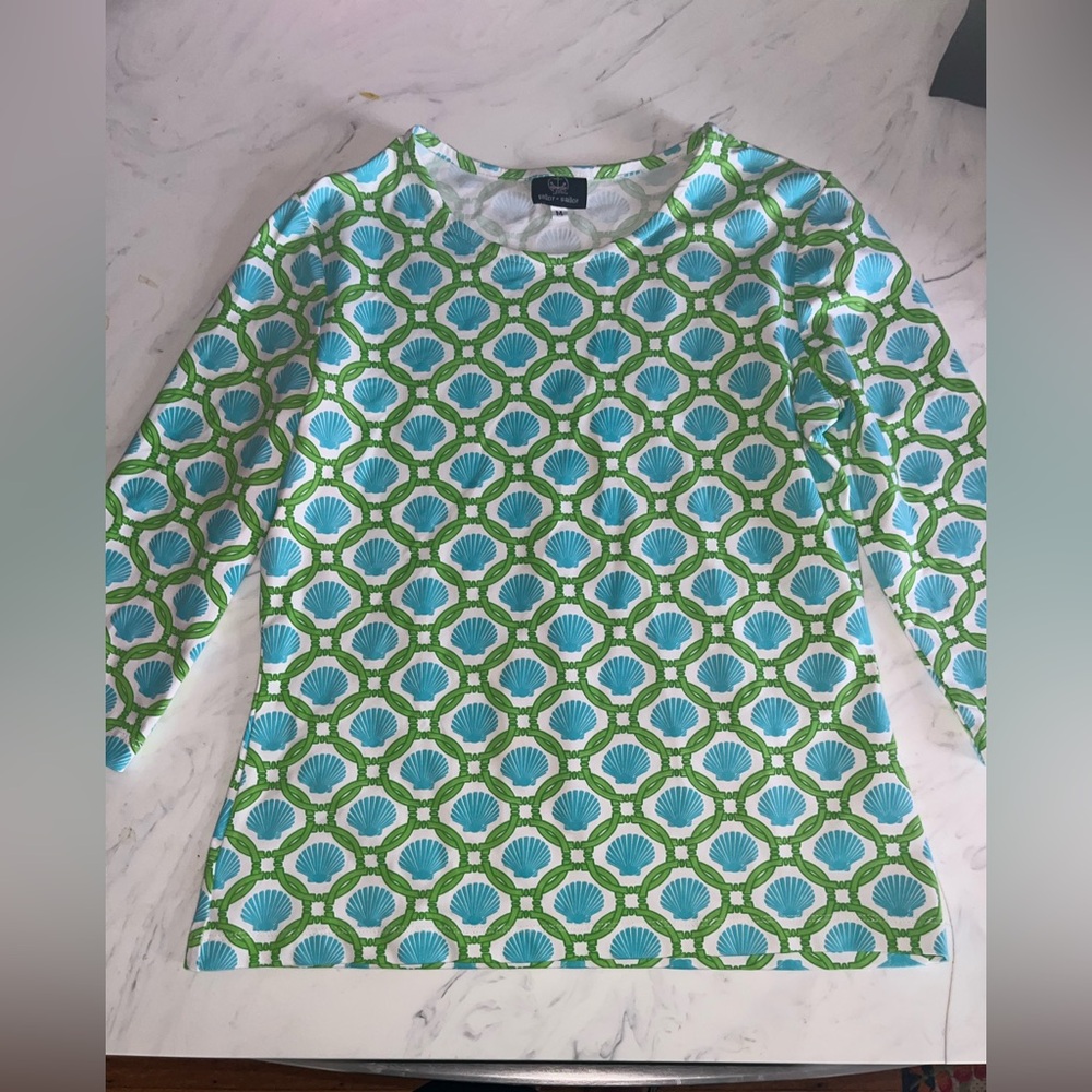 Sailor - sailor blue green rings white shell print top blouse shirt m 3/4 sleeve